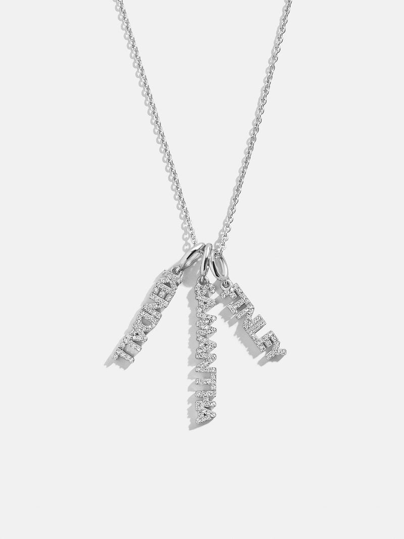 Mini Silver Pavé Block Cluster Custom Nameplate Necklace - 3 Names