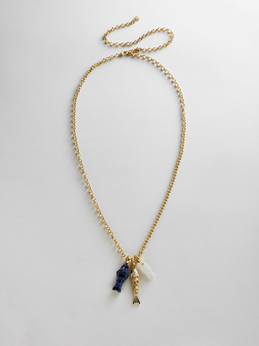 Lucky Catch Fish Charm Necklace - Gold