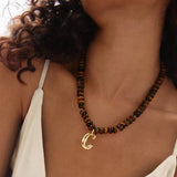 Semi-Precious Bubble Initial Necklace - Tiger's Eye
