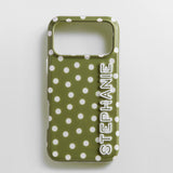 Fine Line Printed Custom iPhone Case - Olive Green with White Polka Dots/White