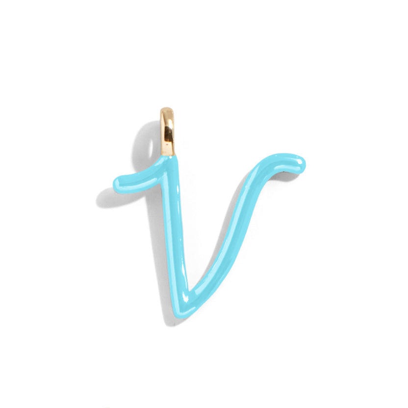 Custom Turquoise Enamel Script Letter Charm - V