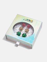 BaubleBar That's A Wrap Kids' Clip On Earring Set - Gold/Red/Green - Three pairs of kids' Christmas bow earrings