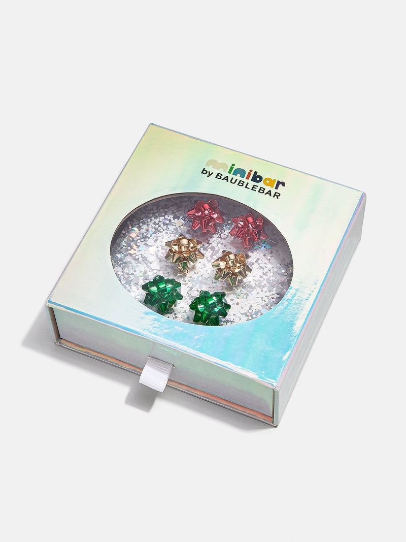 BaubleBar That's A Wrap Kids' Clip On Earring Set - Gold/Red/Green - Three pairs of kids' Christmas bow earrings