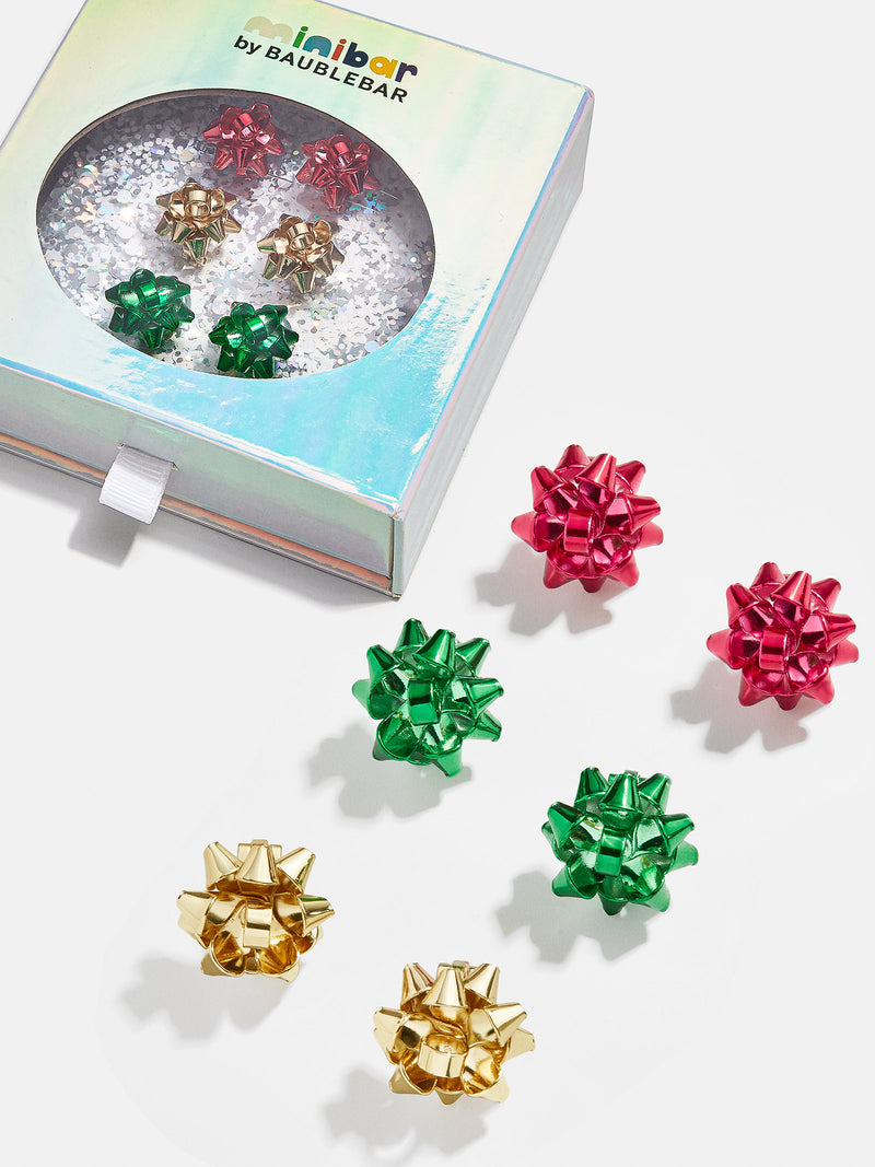 BaubleBar That's A Wrap Kids' Clip On Earring Set - Gold/Red/Green - Three pairs of kids' Christmas bow earrings