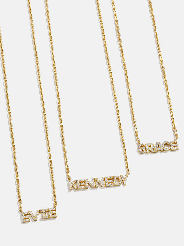 18K Gold Mini Pavé Custom Nameplate Necklace - Gold/Pavé