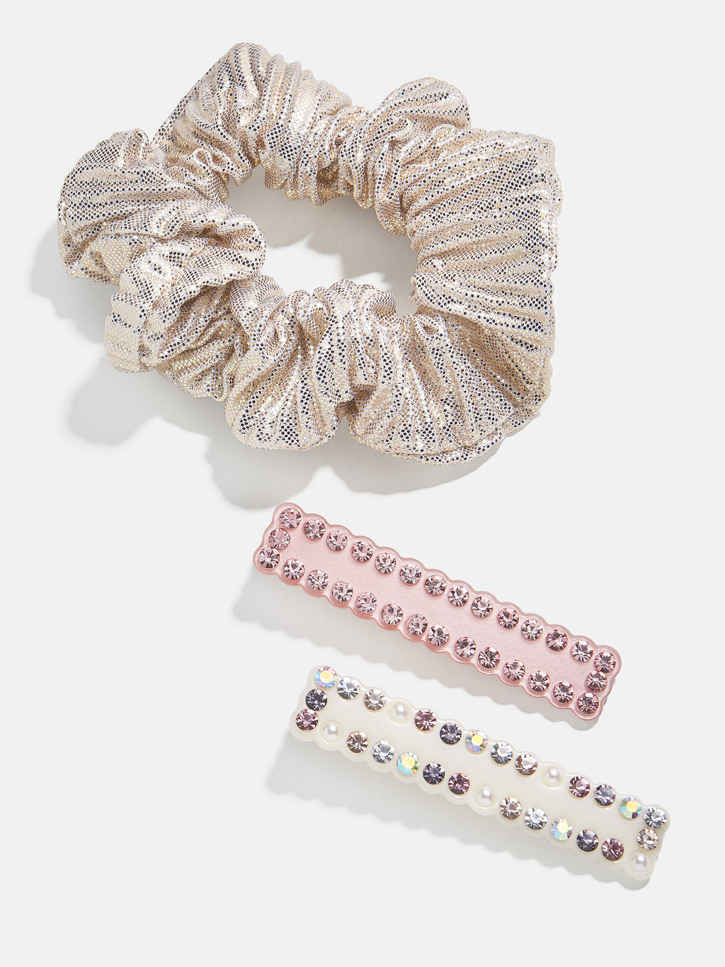 Claire Hair Accessory Set – Metallic scrunchie and two crystal clips –