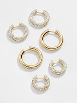 BaubleBar Lucy Earring Set - Gold/Pavé - 
    Three pairs of huggie hoop earrings
  
