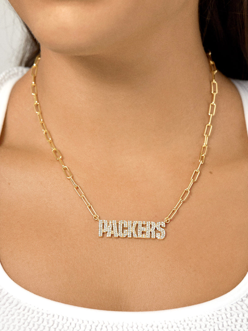 BaubleBar Green Bay Packers NFL Gold Chain Necklace - Green Bay Packers - NFL paperclip chain nameplate necklace