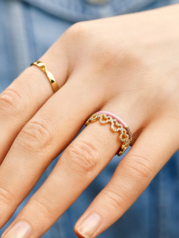 Mickey Mouse Outline 18K Gold Plated Sterling Silver Ring - Gold/Pavé