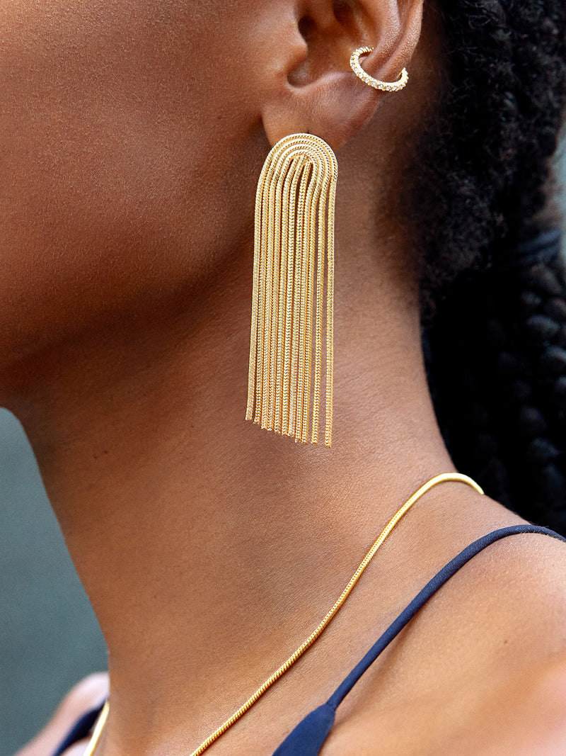 Amy Earrings Gold Gold chain fringe statement earrings BaubleBar