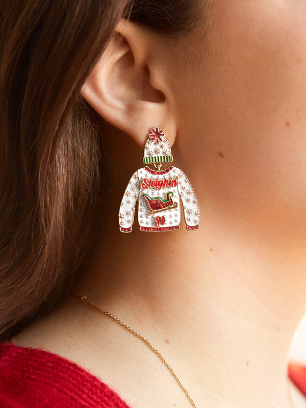 Sleigh All Day Sweater Earrings - Red/White